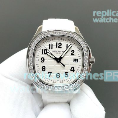GR Swiss Copy Patek Philippe Aquanaut White Diamond Ladies Rubber Strap Watch 